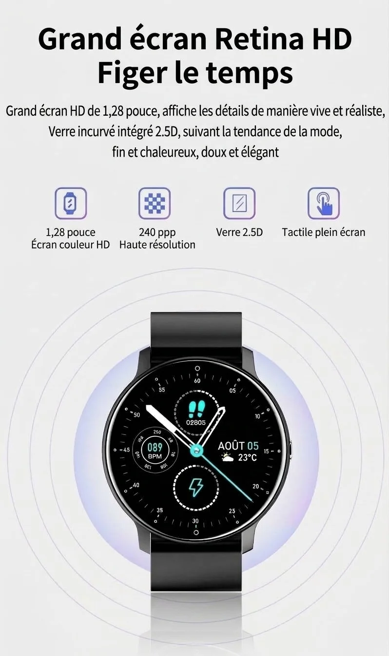 Montre connectée ZL02D avec écran rond, suivi du sommeil et de la santé.