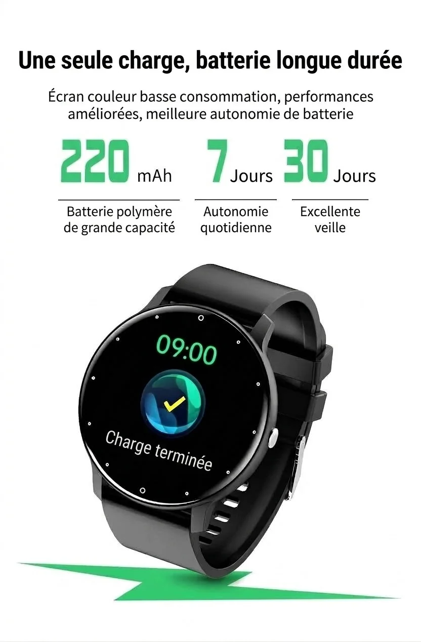 Montre connectée ZL02D avec écran rond, suivi du sommeil et de la santé.