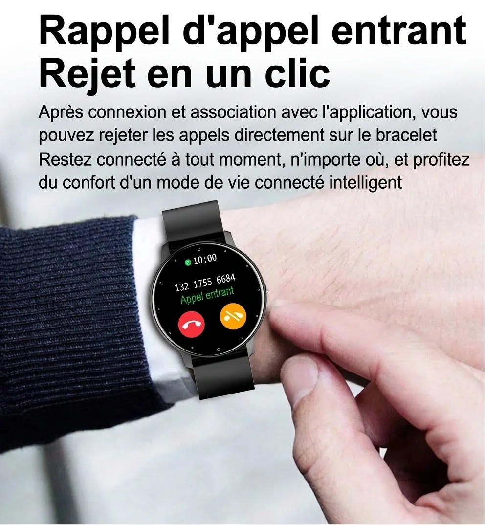 Montre connectée ZL02D avec écran rond, suivi du sommeil et de la santé.