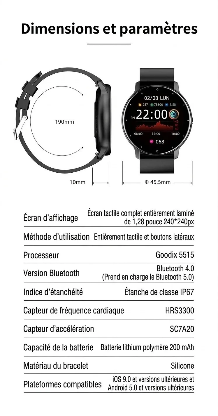 Montre connectée ZL02D avec écran rond, suivi du sommeil et de la santé.