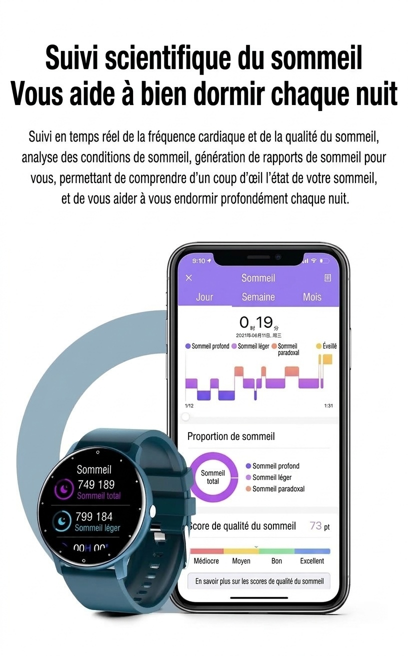 Montre connectée ZL02D avec écran rond, suivi du sommeil et de la santé.