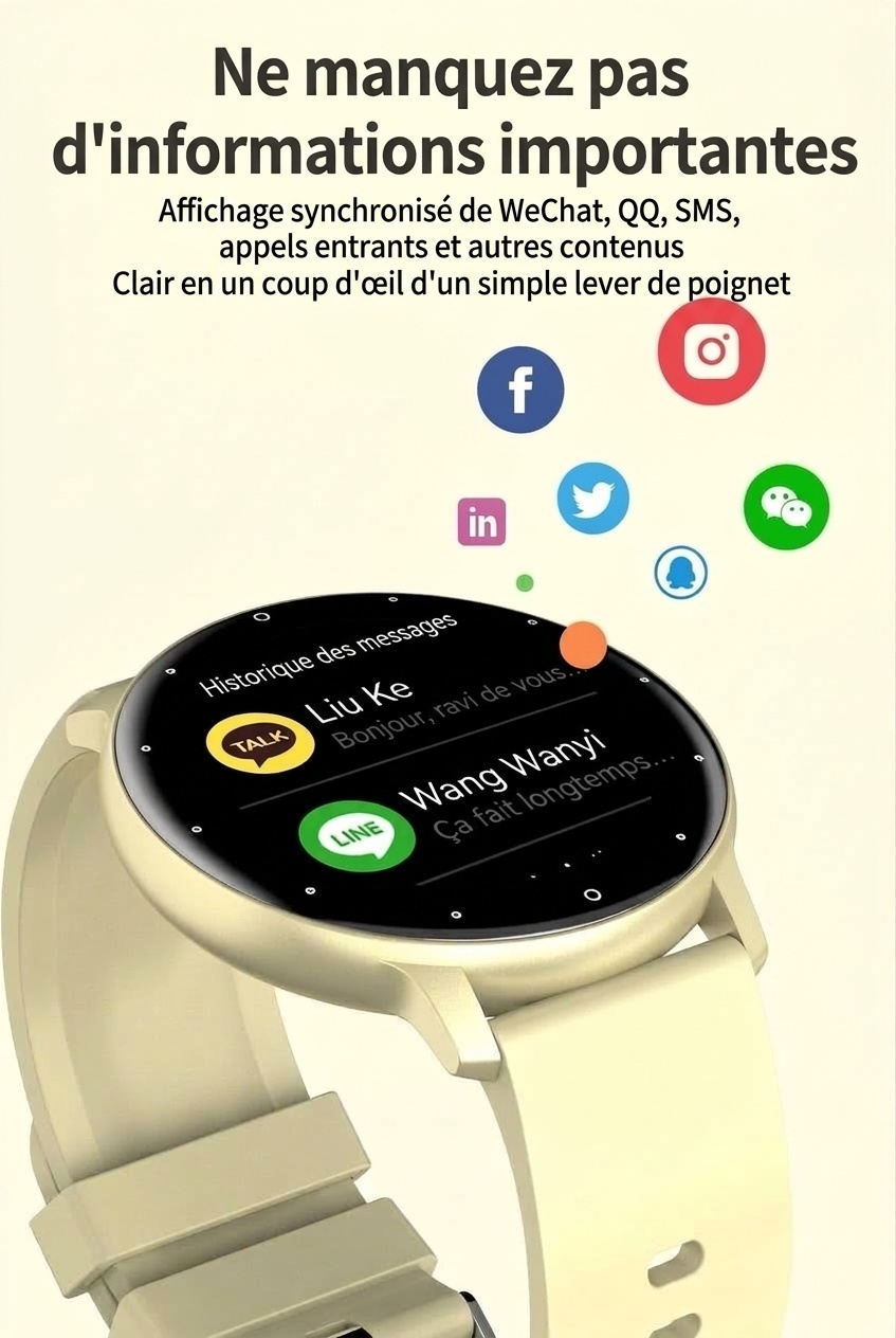 Montre connectée ZL02D avec écran rond, suivi du sommeil et de la santé.