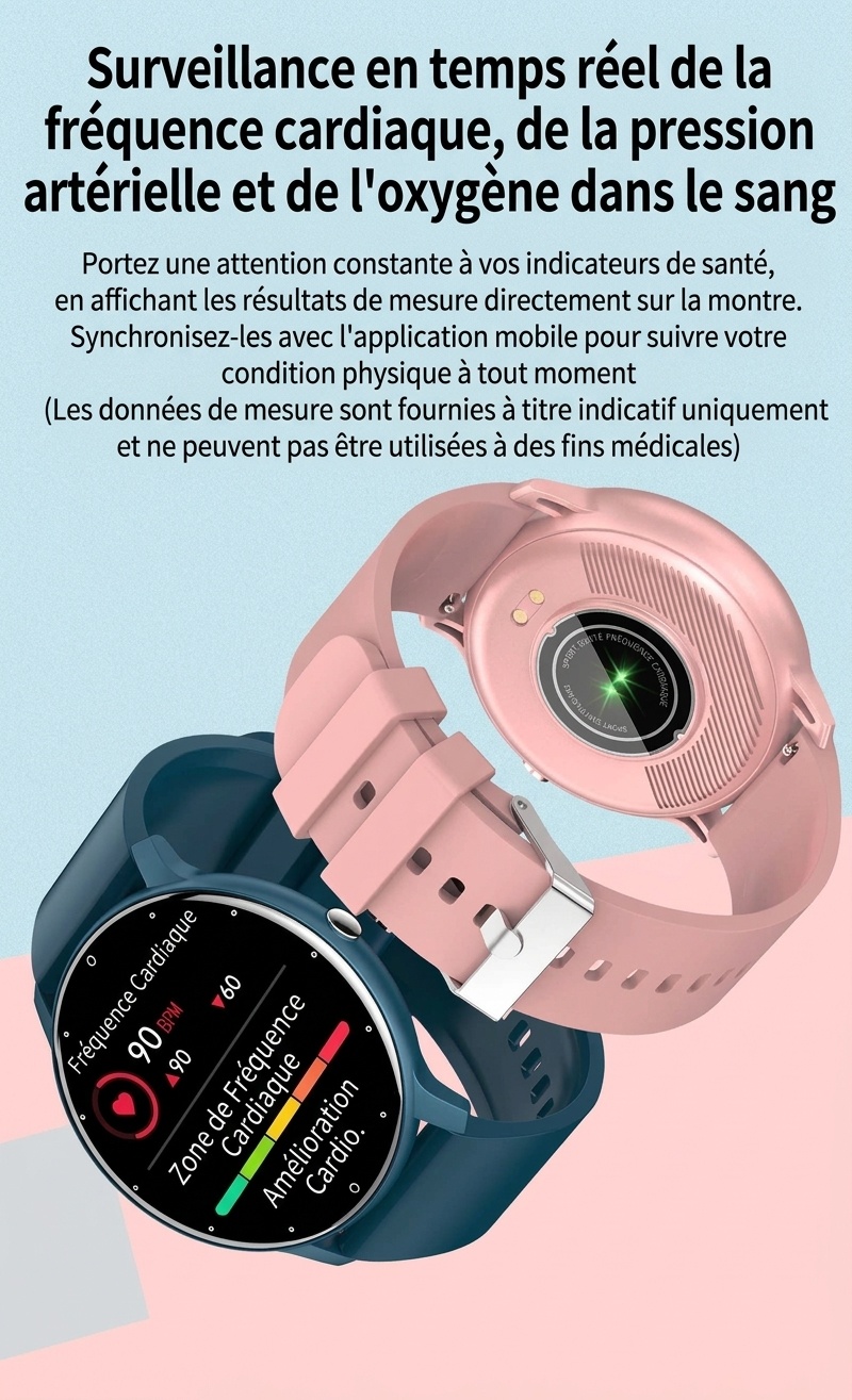 Montre connectée ZL02D avec écran rond, suivi du sommeil et de la santé.