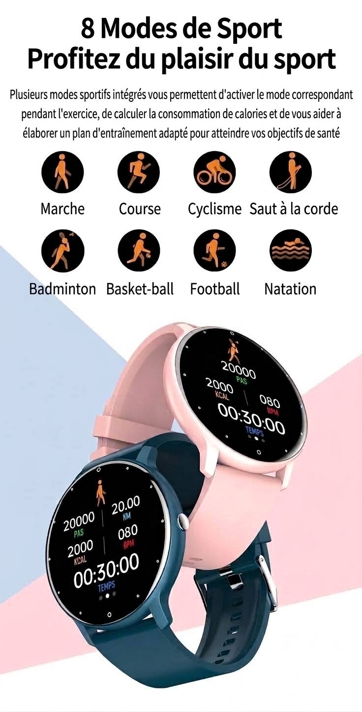 Montre connectée ZL02D avec écran rond, suivi du sommeil et de la santé.