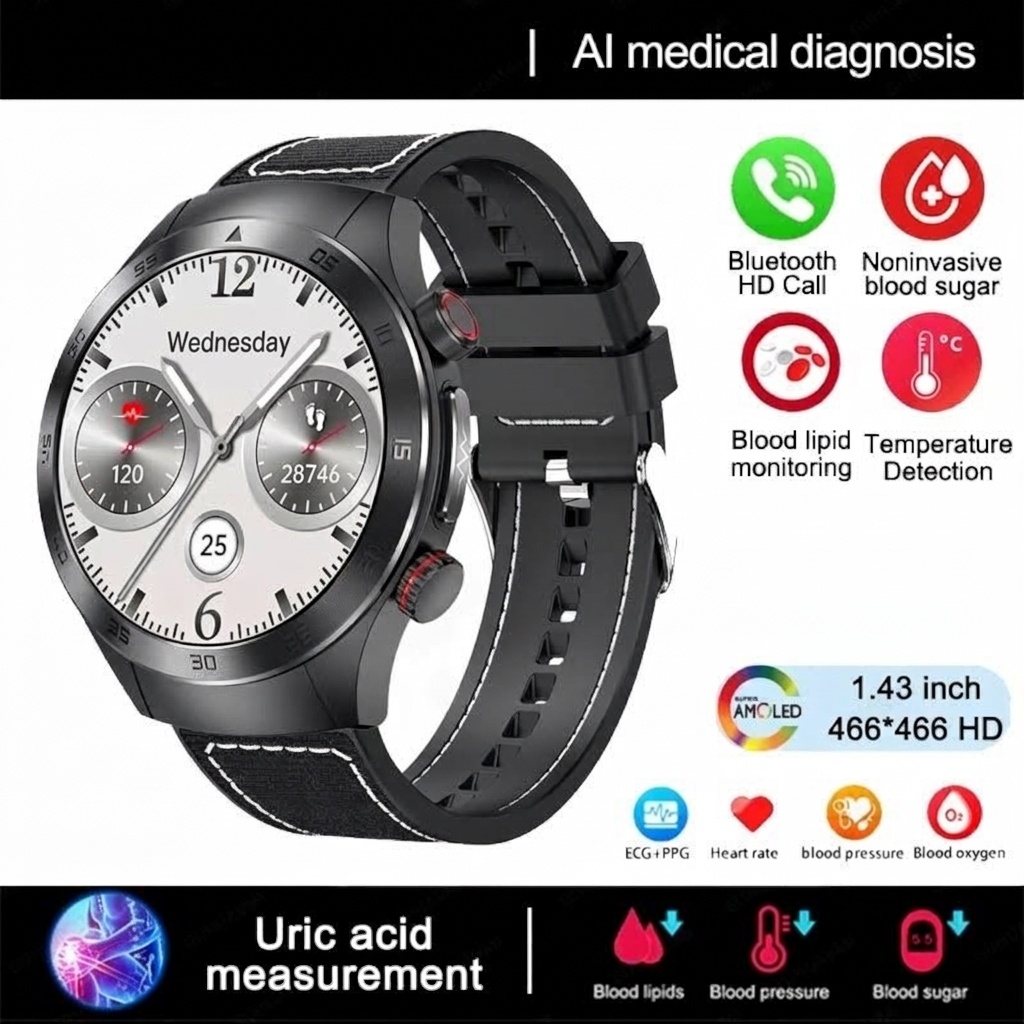 E800 Smart Watch with AMOLED Screen, ECG, Laser Therapy & Bluetooth Calling