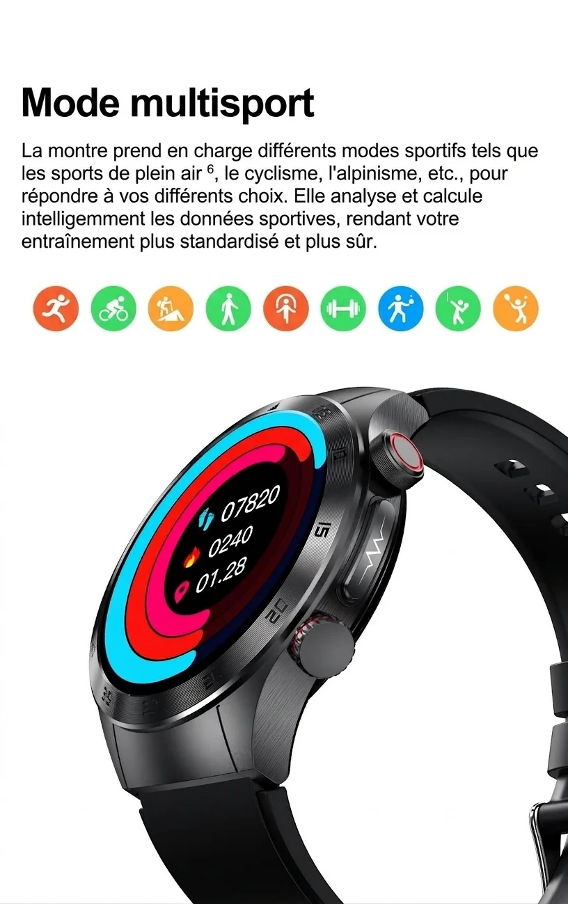 Montre connectée E800 avec écran AMOLED, ECG, thérapie laser et appels Bluetooth