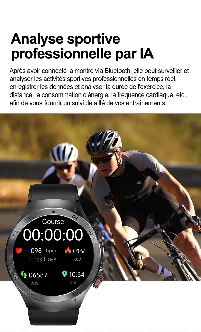 Montre connectée E800 avec écran AMOLED, ECG, thérapie laser et appels Bluetooth