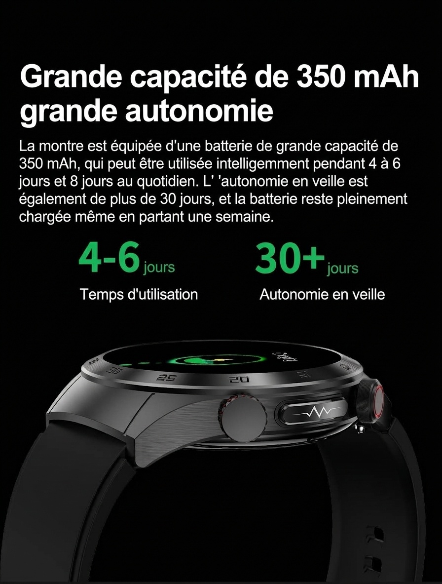 Montre connectée E800 avec écran AMOLED, ECG, thérapie laser et appels Bluetooth