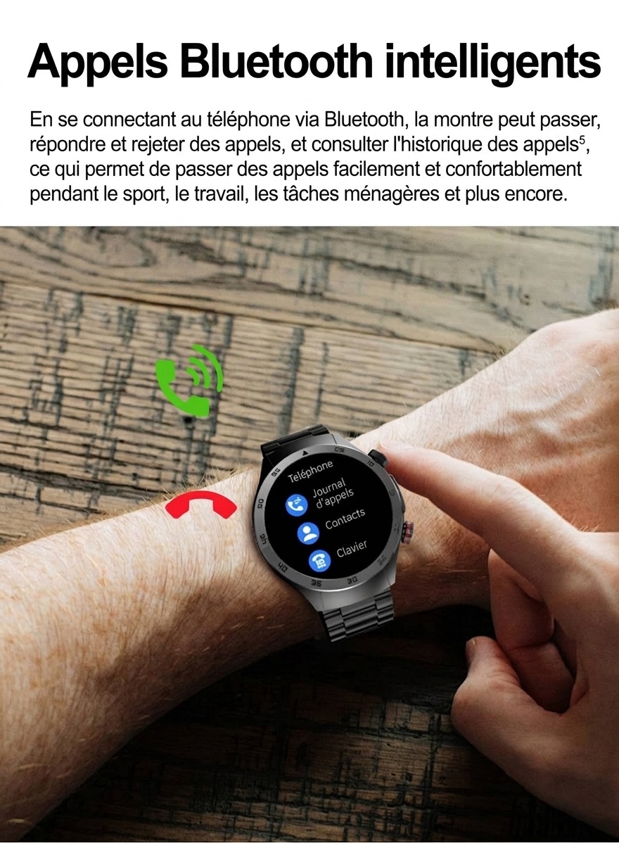 Montre connectée E800 avec écran AMOLED, ECG, thérapie laser et appels Bluetooth