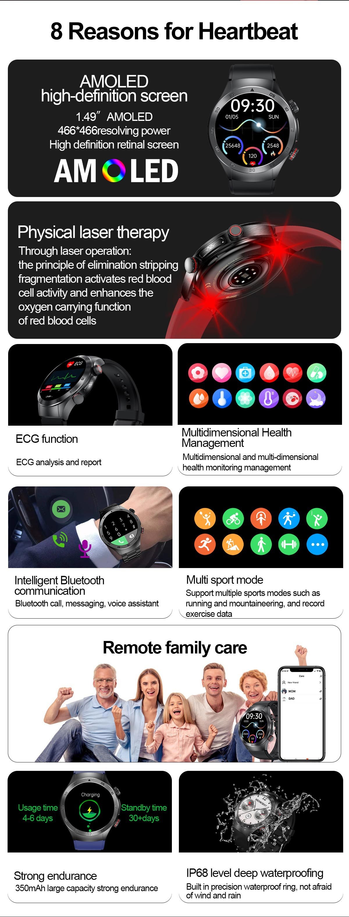 E800 Smart Watch with AMOLED Screen, ECG, Laser Therapy & Bluetooth Calling