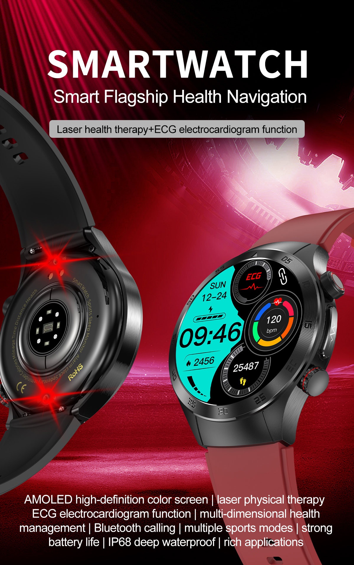 E800 Smart Watch with AMOLED Screen, ECG, Laser Therapy & Bluetooth Calling