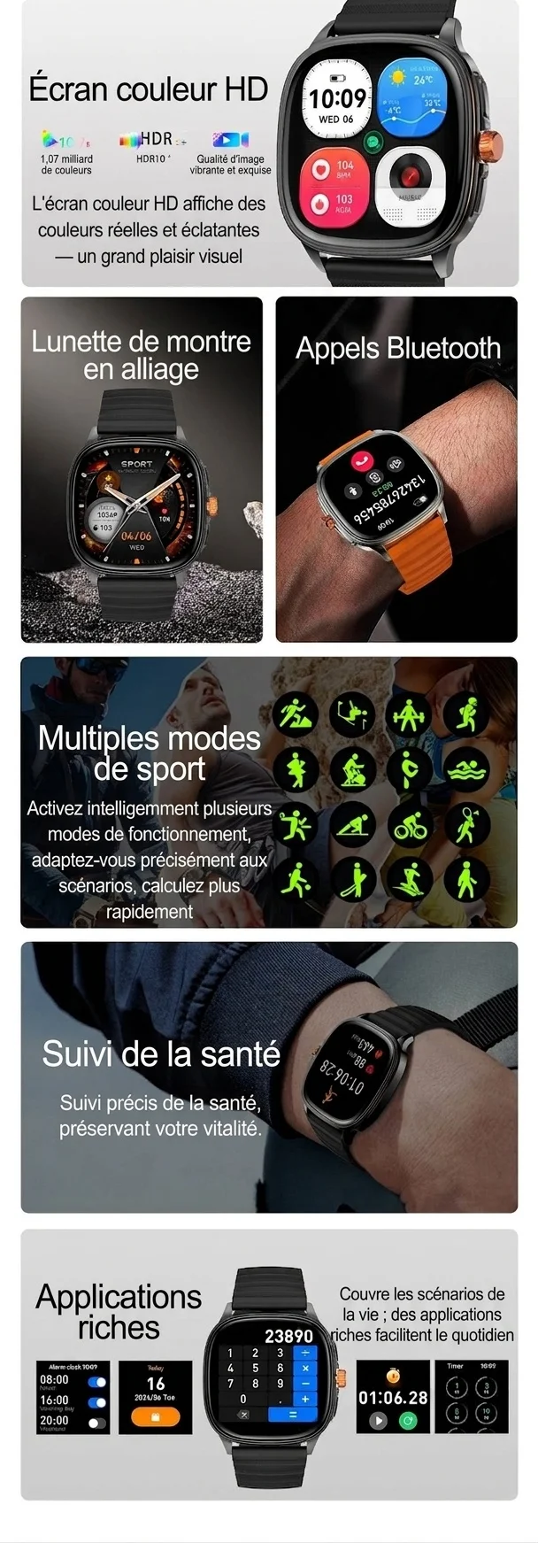Montre connectée HK73 avec écran AMOLED carré et appels Bluetooth