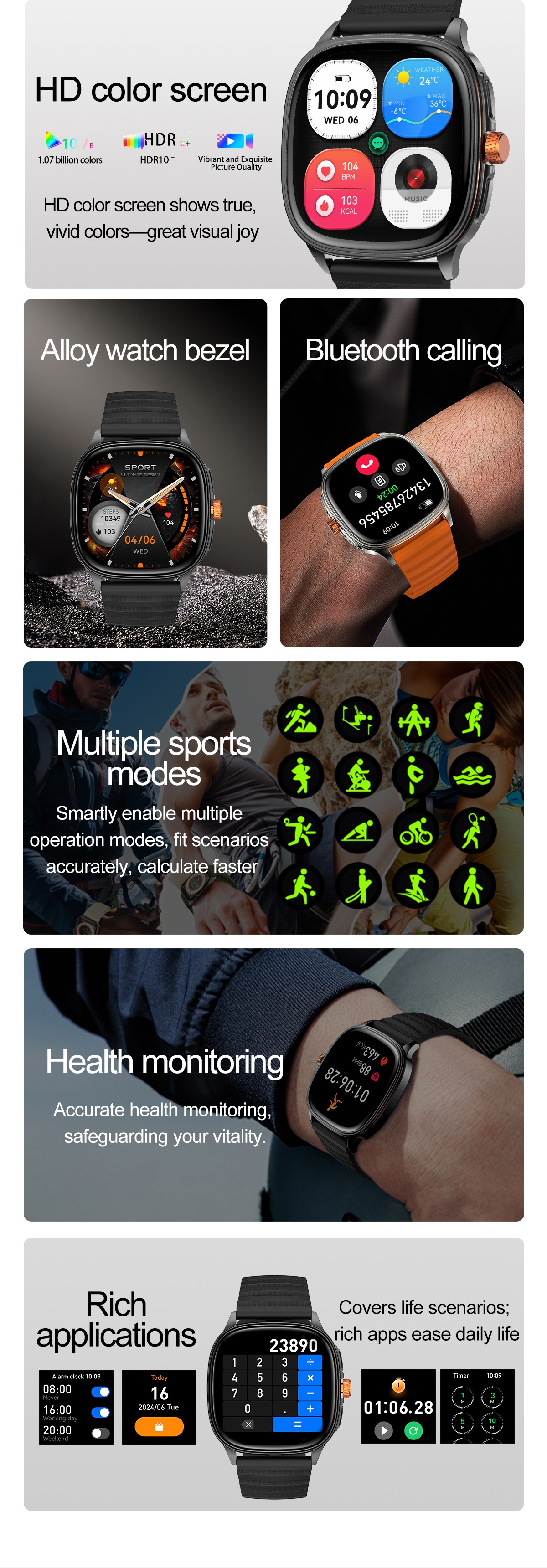 HK73 Smart Watch with Square AMOLED Display & Bluetooth Calling