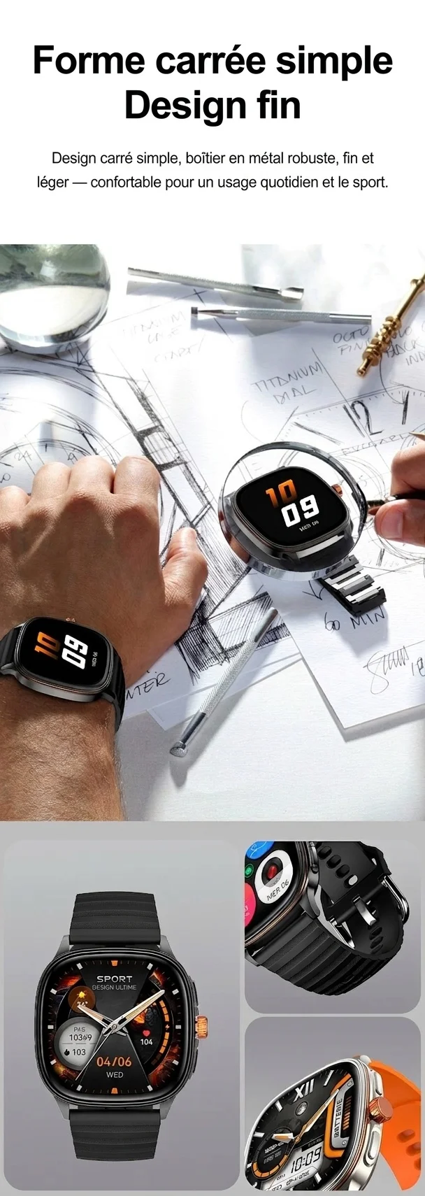Montre connectée HK73 avec écran AMOLED carré et appels Bluetooth