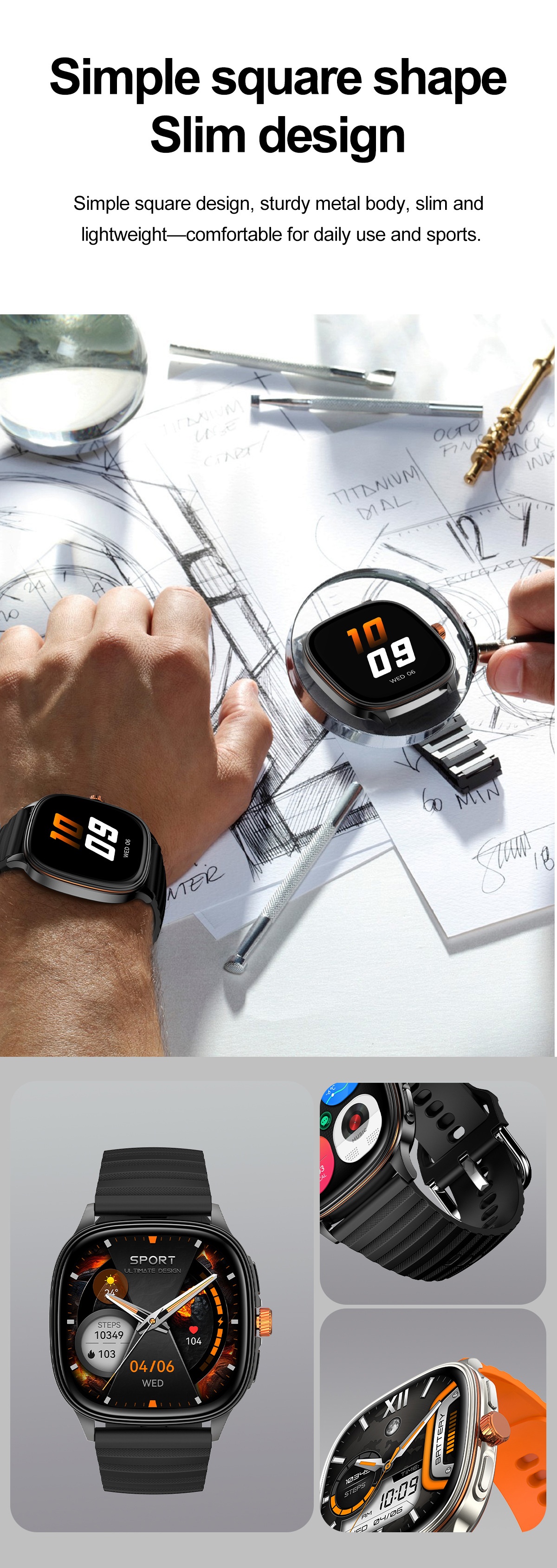 HK73 Smart Watch with Square AMOLED Display & Bluetooth Calling