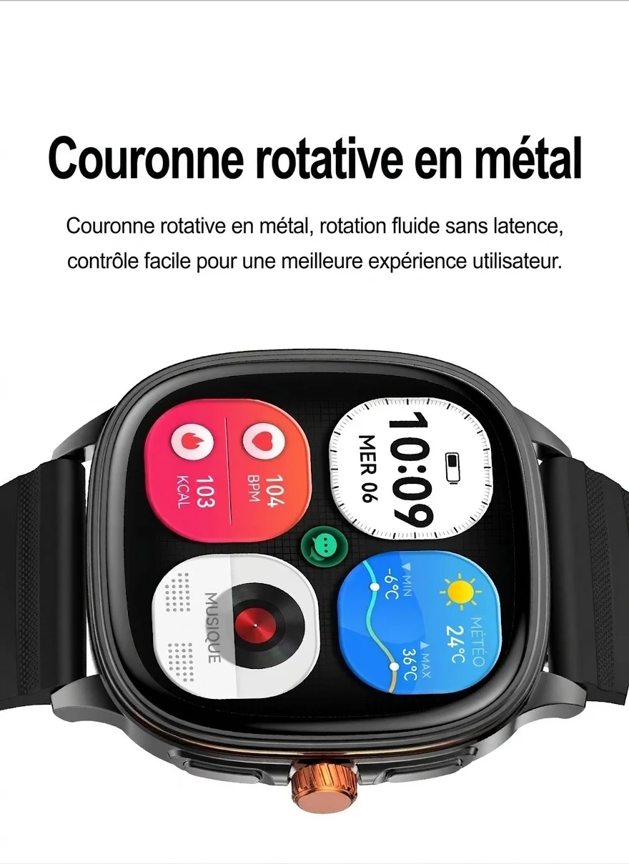 Montre connectée HK73 avec écran AMOLED carré et appels Bluetooth