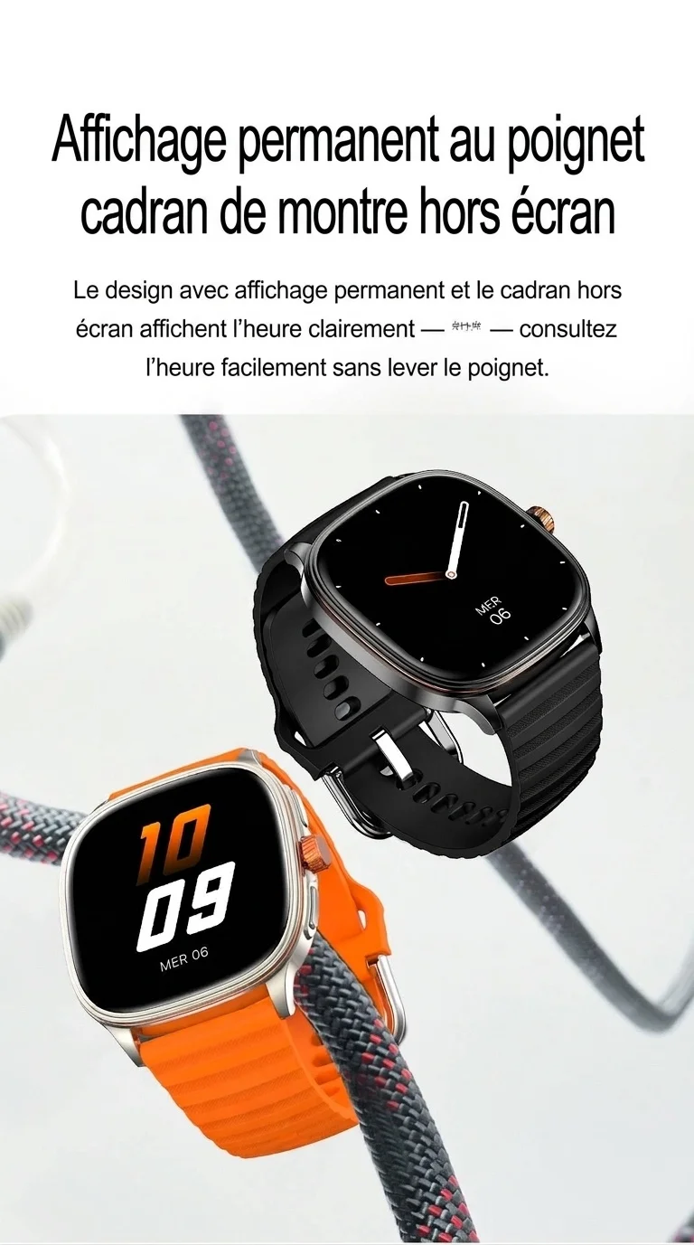 Montre connectée HK73 avec écran AMOLED carré et appels Bluetooth