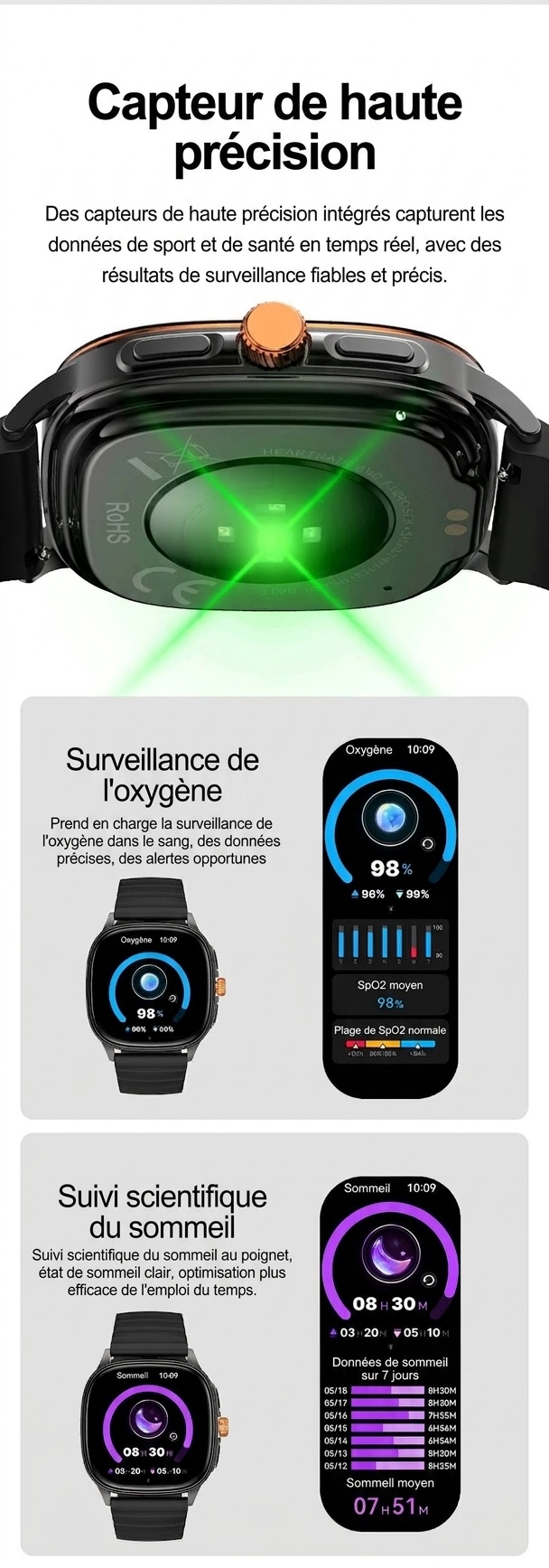 Montre connectée HK73 avec écran AMOLED carré et appels Bluetooth