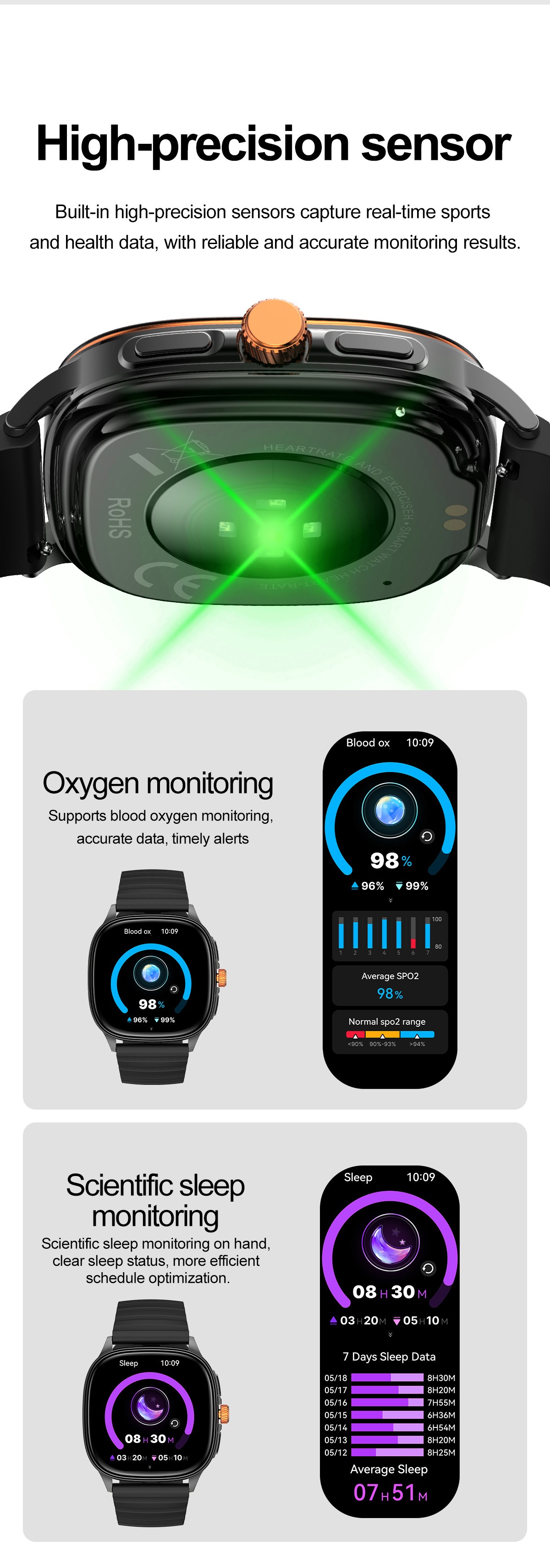 HK73 Smart Watch with Square AMOLED Display & Bluetooth Calling