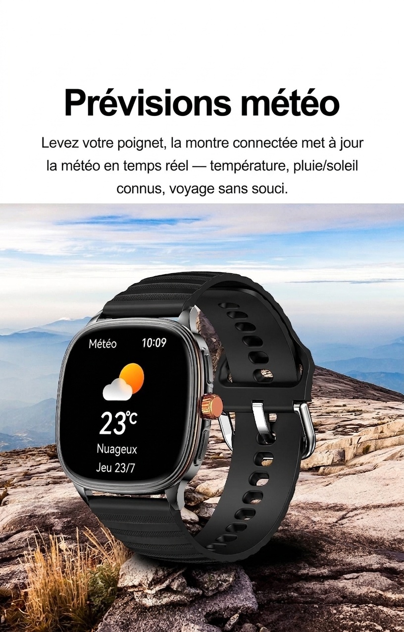 Montre connectée HK73 avec écran AMOLED carré et appels Bluetooth