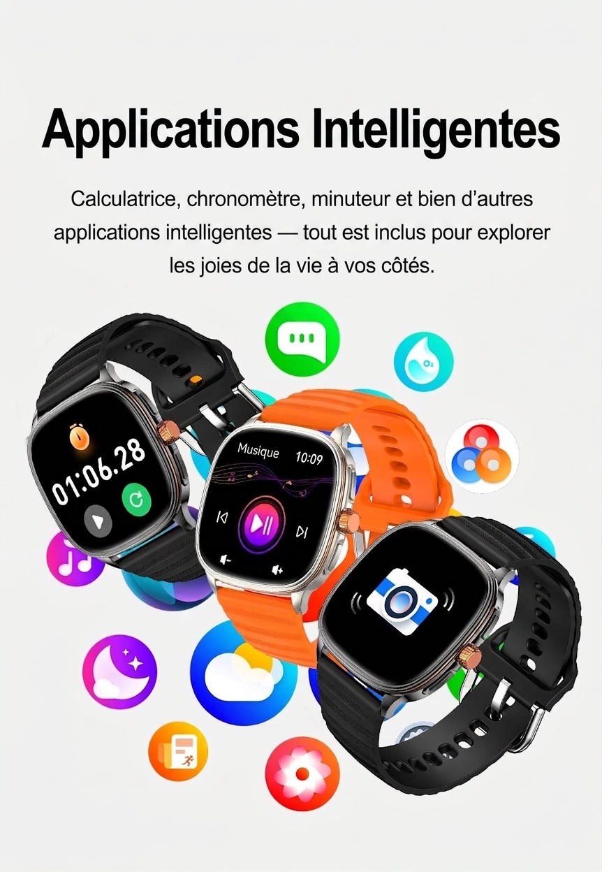Montre connectée HK73 avec écran AMOLED carré et appels Bluetooth