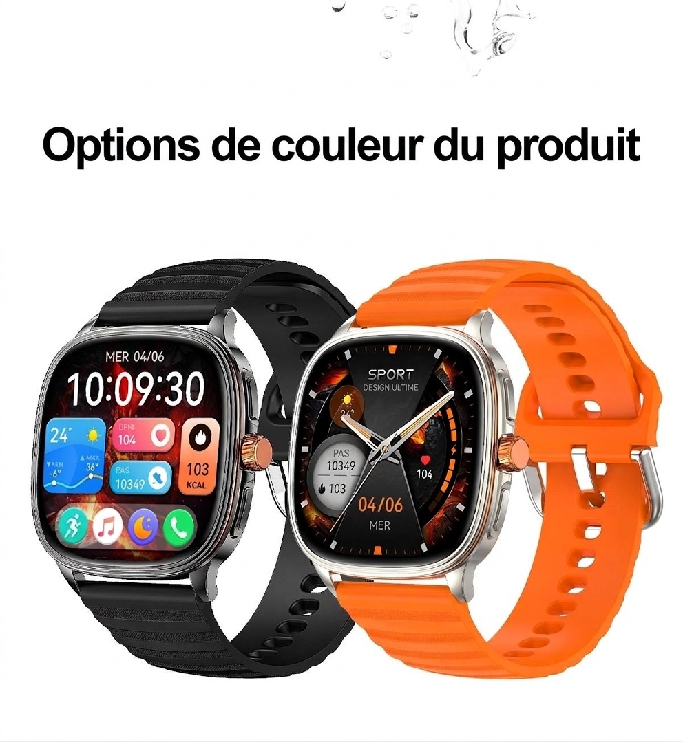 Montre connectée HK73 avec écran AMOLED carré et appels Bluetooth