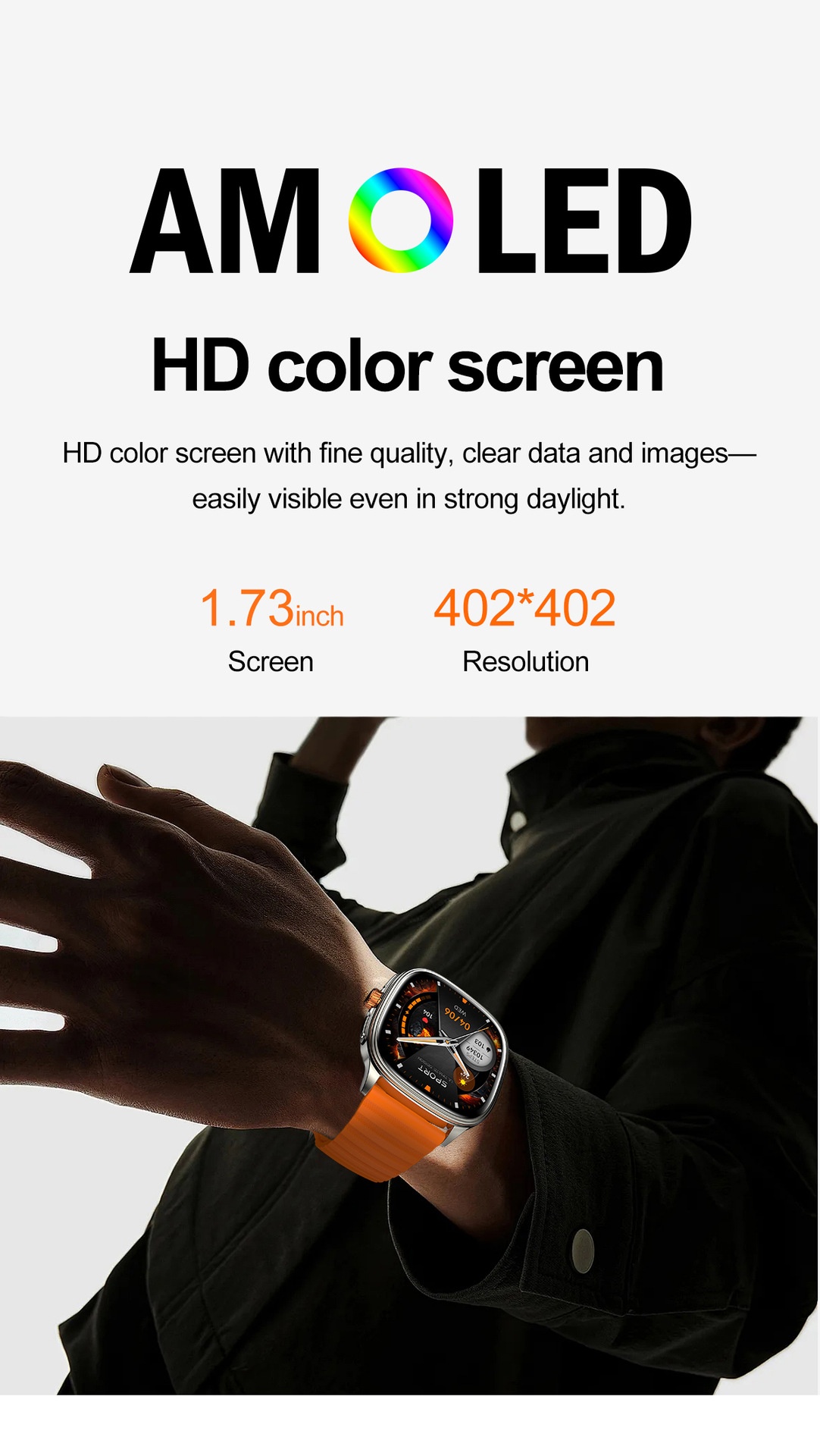 HK73 Smart Watch with Square AMOLED Display & Bluetooth Calling