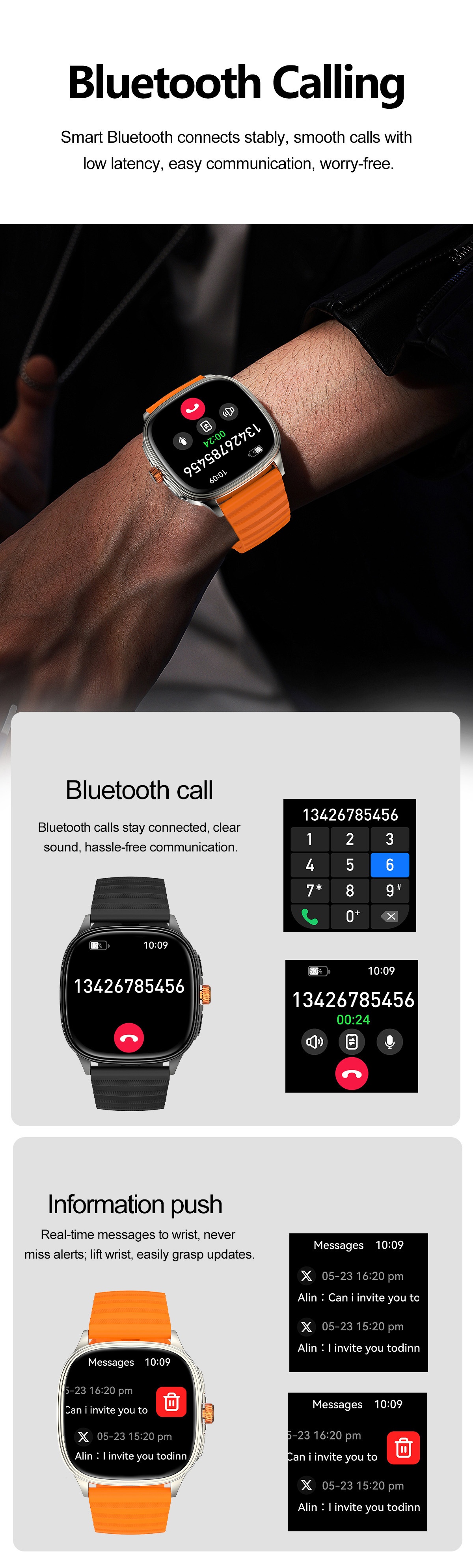 HK73 Smart Watch with Square AMOLED Display & Bluetooth Calling