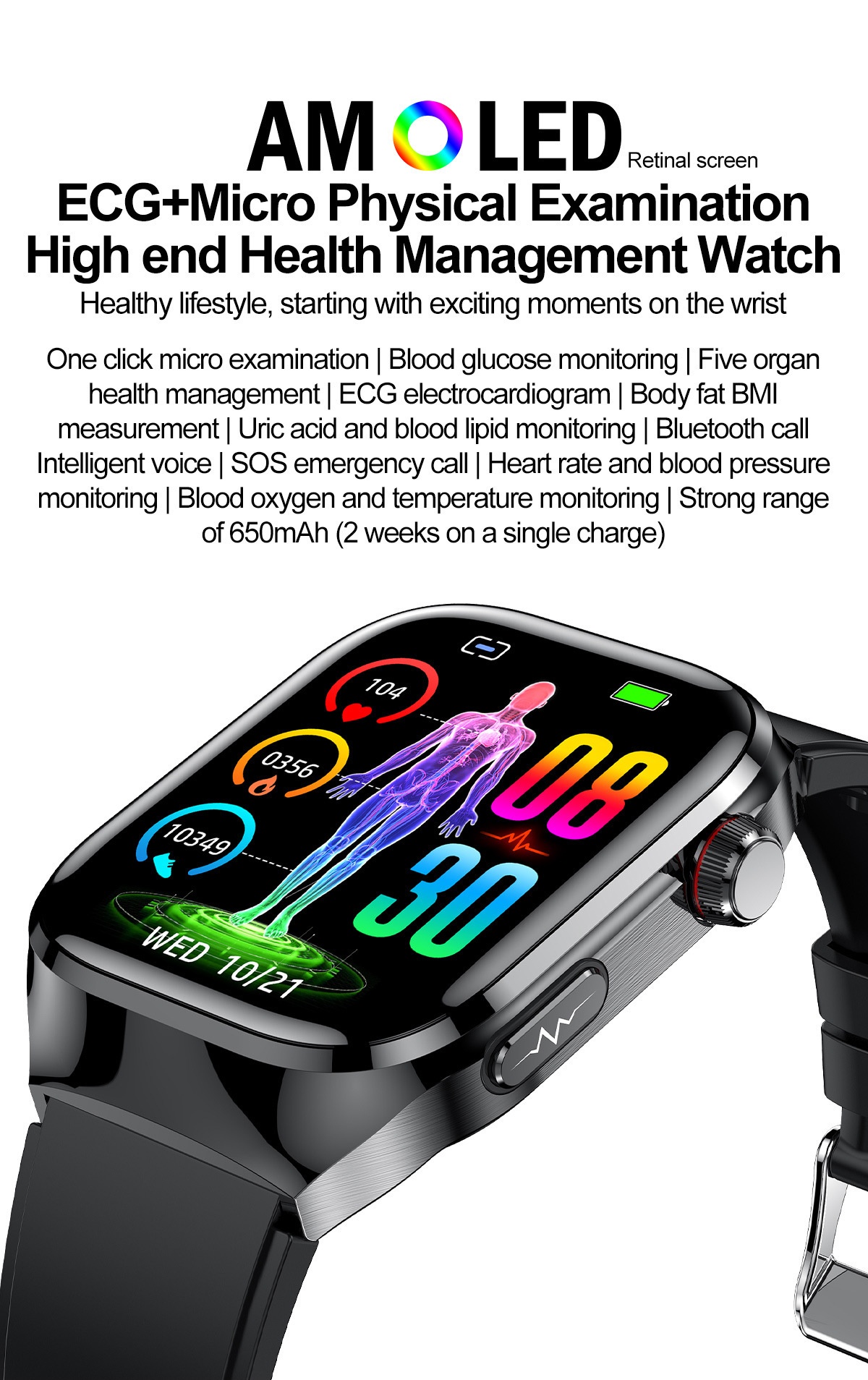 TK16 Smart Watch with Square AMOLED Display, ECG & Bluetooth Calling