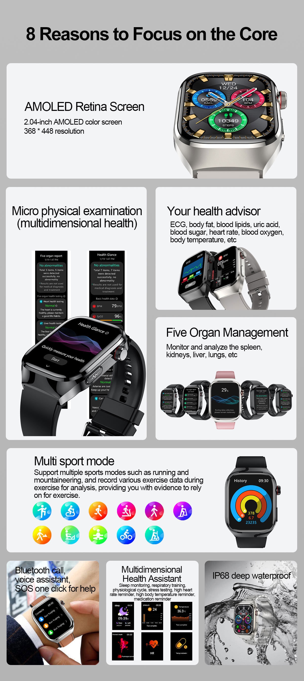 TK16 Smart Watch with Square AMOLED Display, ECG & Bluetooth Calling