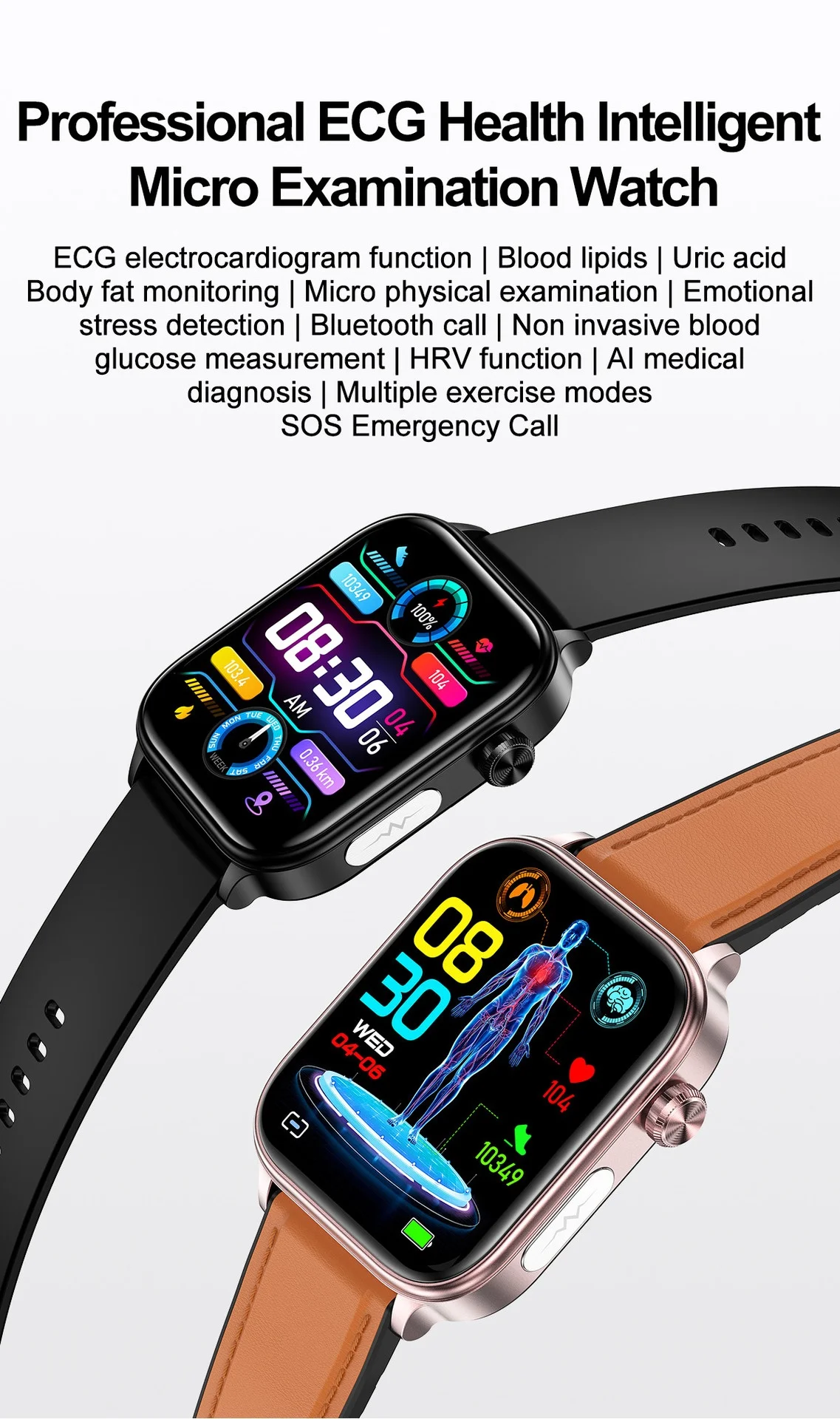 Smart Health Watch with Square IPS Screen, ECG & Bluetooth Calling