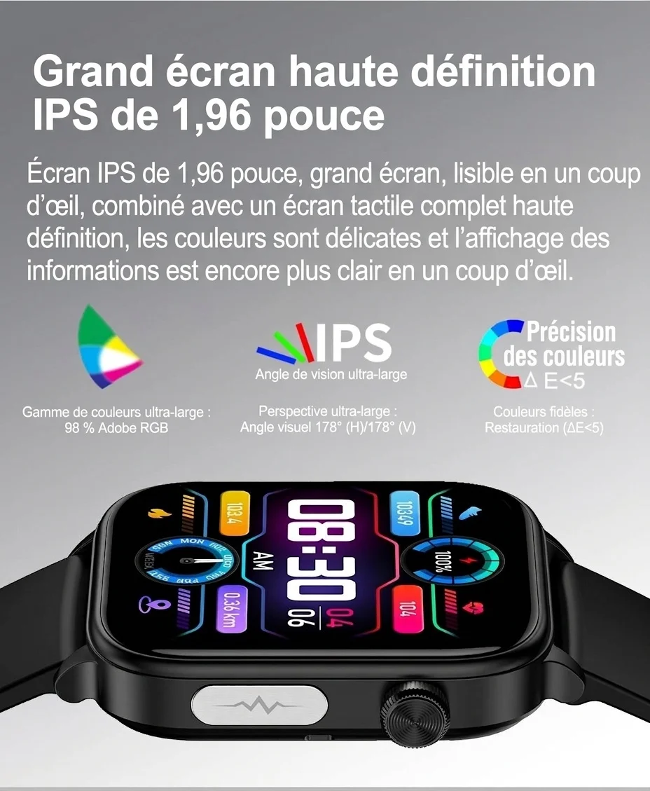 Montre connectée de santé avec écran IPS carré, ECG et appels Bluetooth