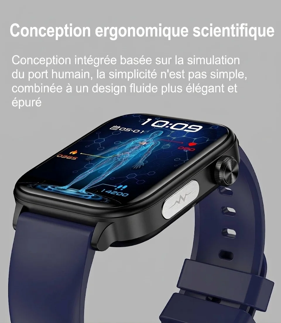 Montre connectée de santé avec écran IPS carré, ECG et appels Bluetooth