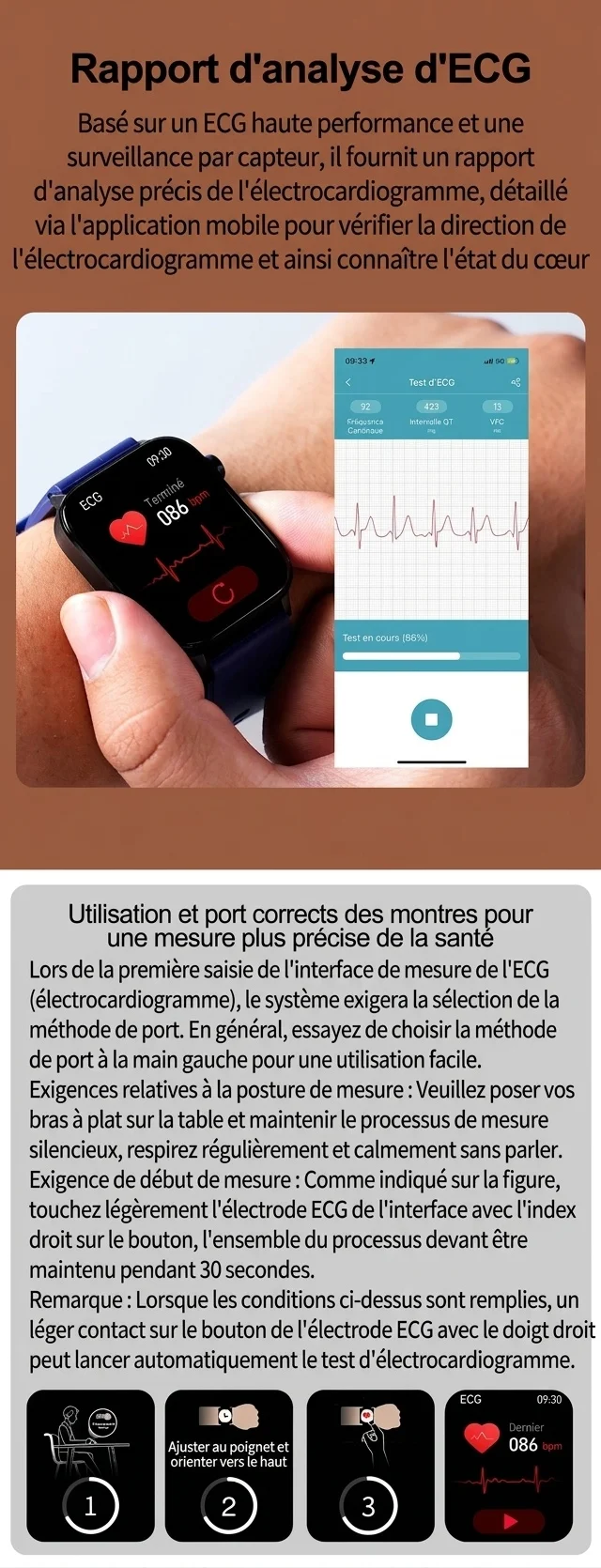 Montre connectée de santé avec écran IPS carré, ECG et appels Bluetooth