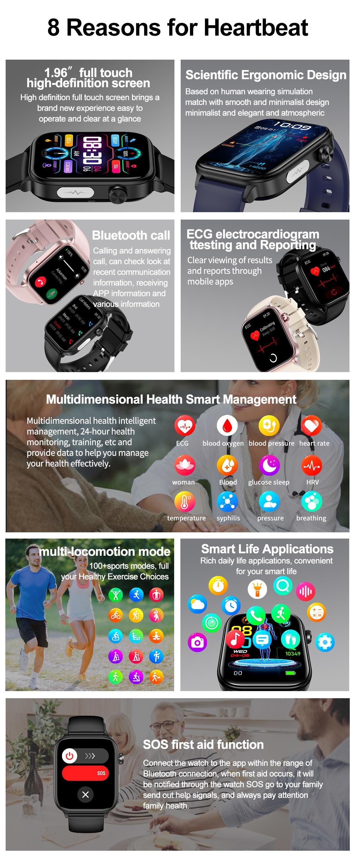 Smart Health Watch with Square IPS Screen, ECG & Bluetooth Calling