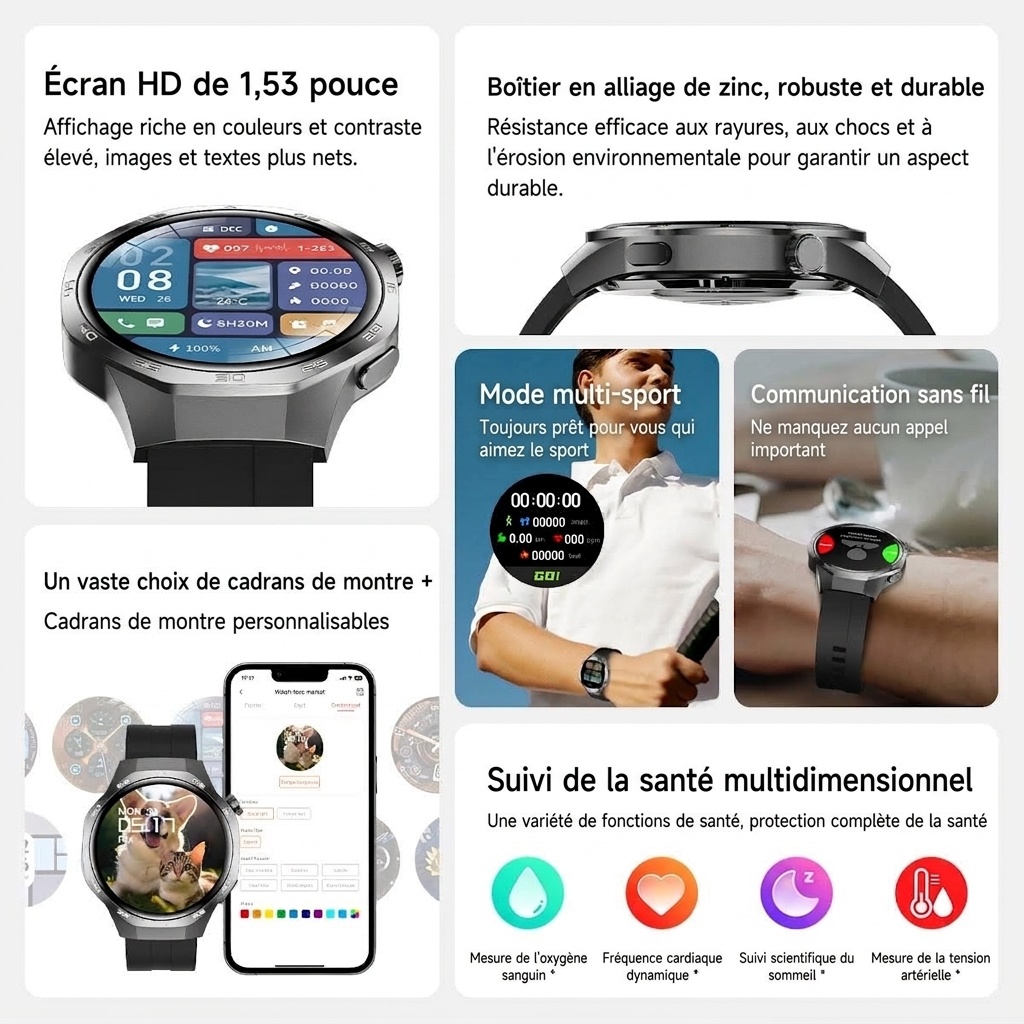 Montre connectée GT5 Pro avec écran rond HD de 1,53 pouce et appels Bluetooth
