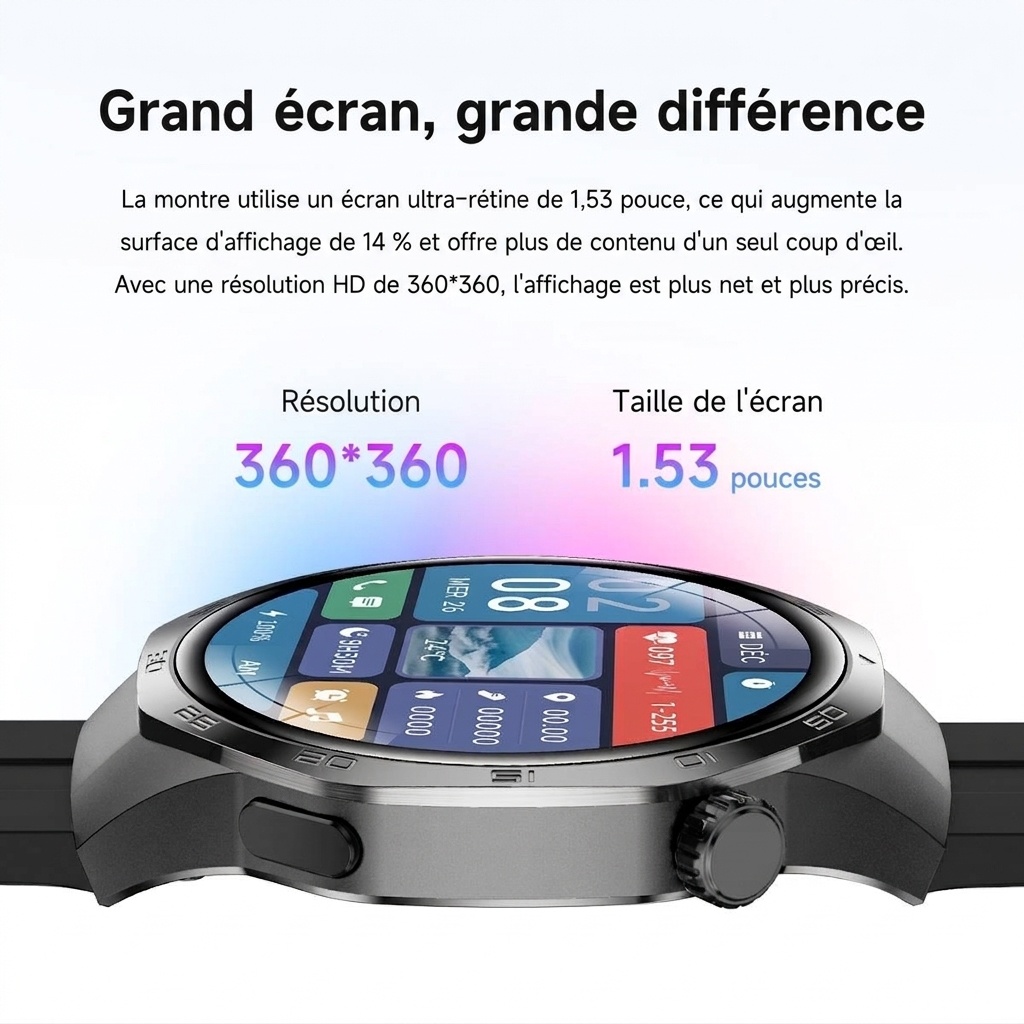 Montre connectée GT5 Pro avec écran rond HD de 1,53 pouce et appels Bluetooth