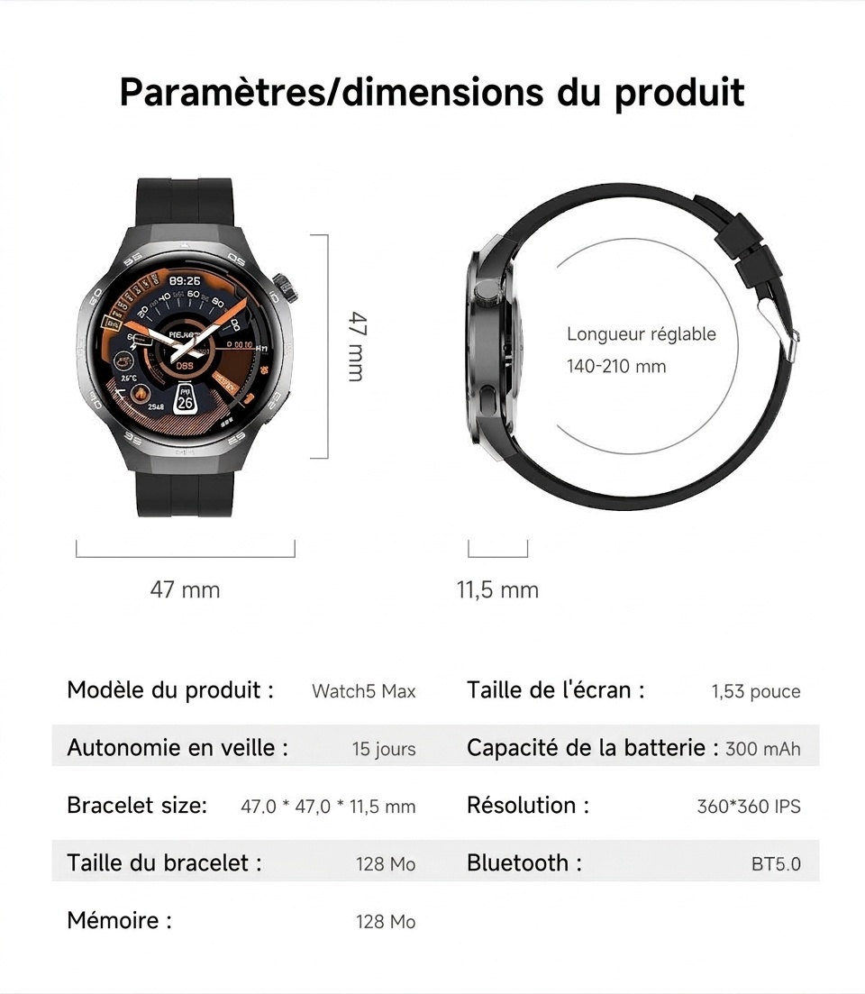 Montre connectée GT5 Pro avec écran rond HD de 1,53 pouce et appels Bluetooth