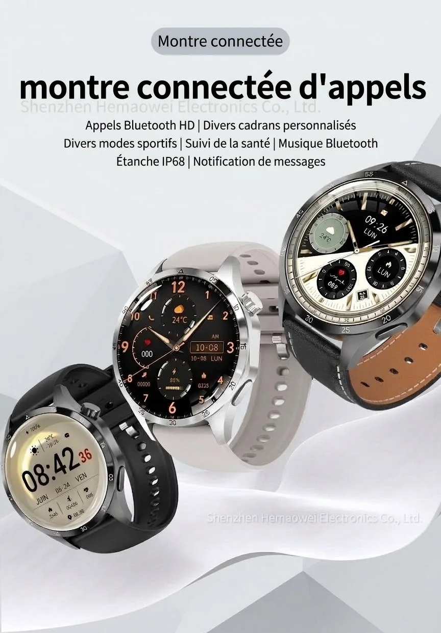 Montre connectée GT4 PRO+ avec écran AMOLED, GPS, NFC et appels Bluetooth