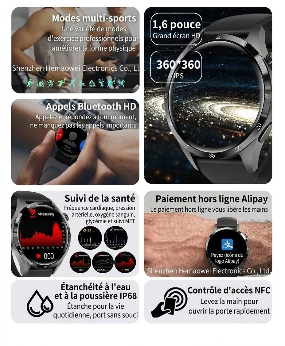 Montre connectée GT4 PRO+ avec écran AMOLED, GPS, NFC et appels Bluetooth