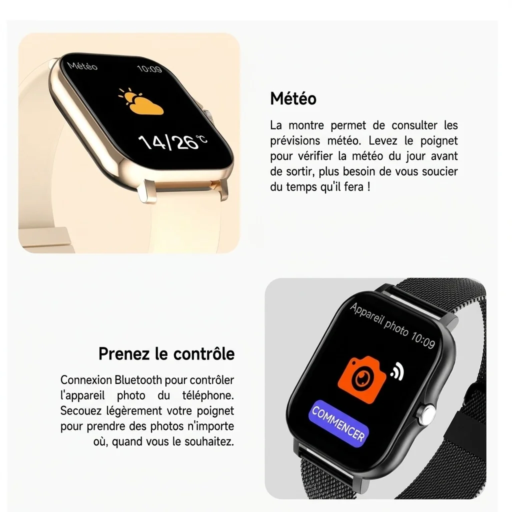 Montre connectée avec écran carré HD, appels Bluetooth et suivi d'activité physique