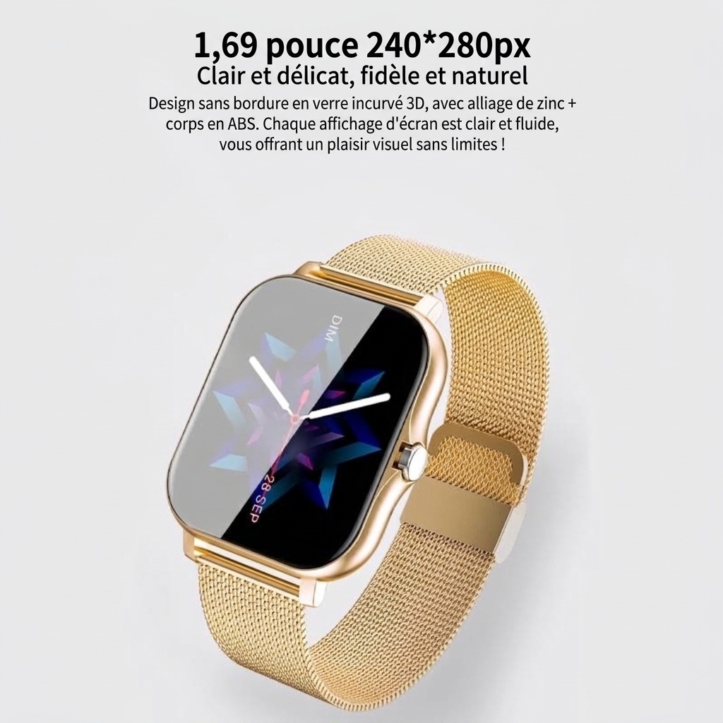 Montre connectée avec écran carré HD, appels Bluetooth et suivi d'activité physique