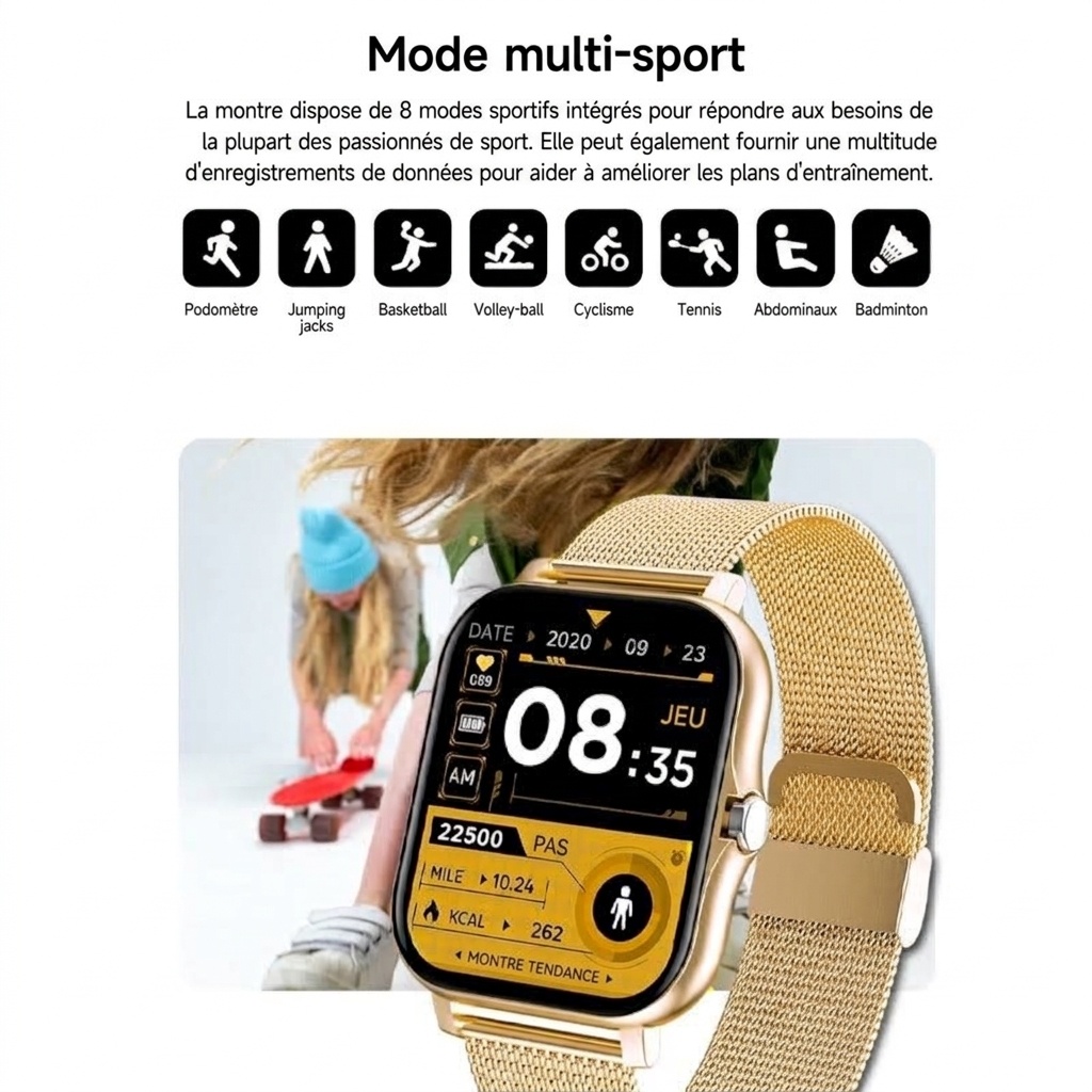 Montre connectée avec écran carré HD, appels Bluetooth et suivi d'activité physique