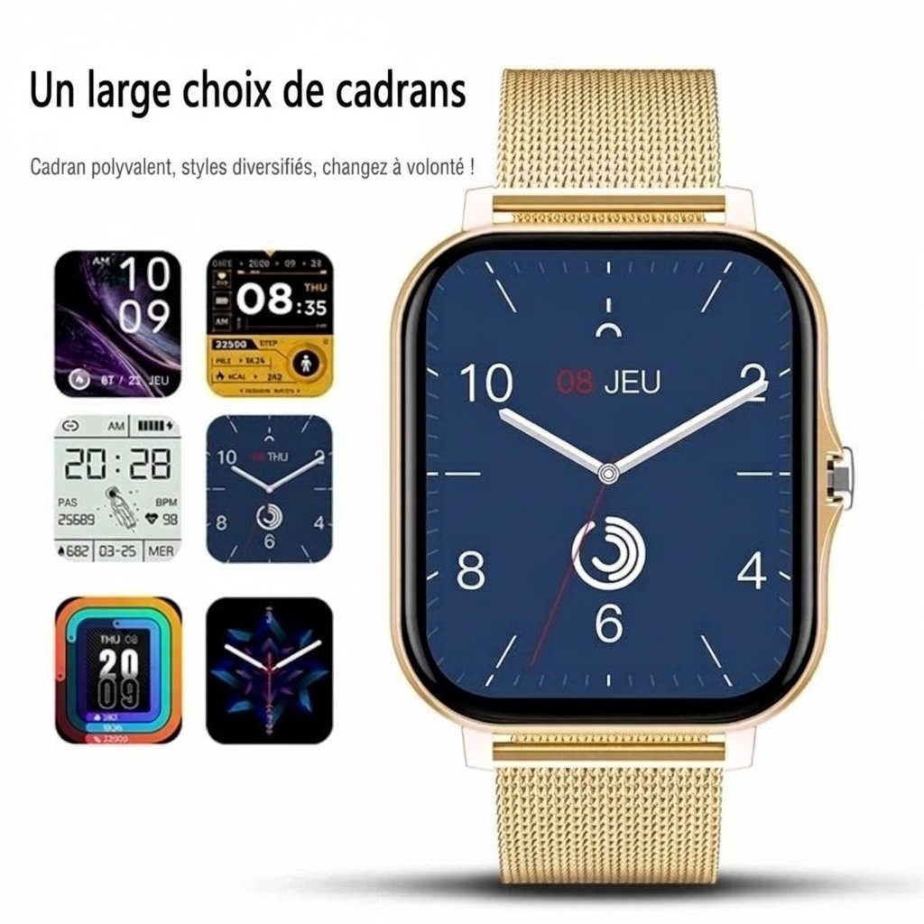 Montre connectée avec écran carré HD, appels Bluetooth et suivi d'activité physique