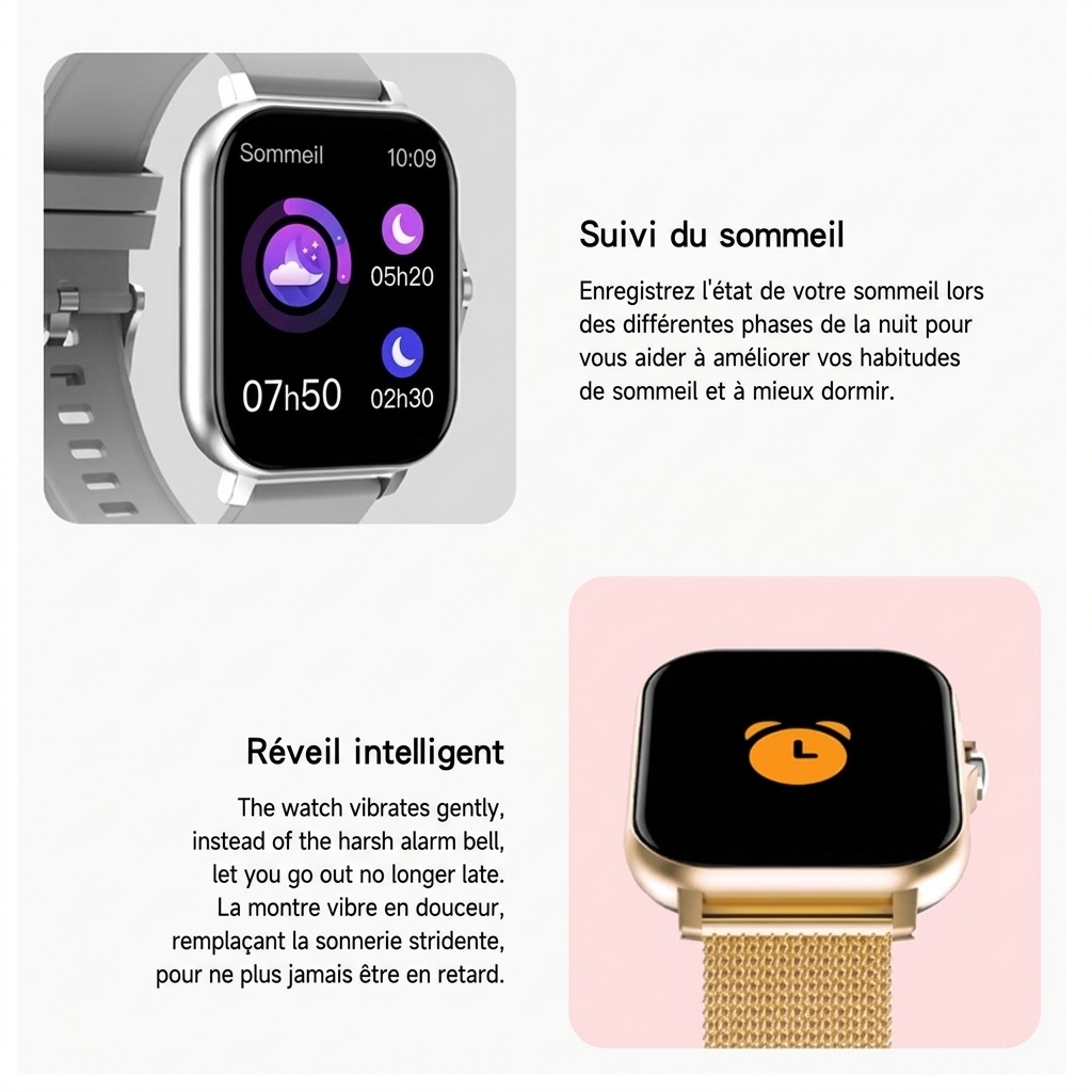 Montre connectée avec écran carré HD, appels Bluetooth et suivi d'activité physique