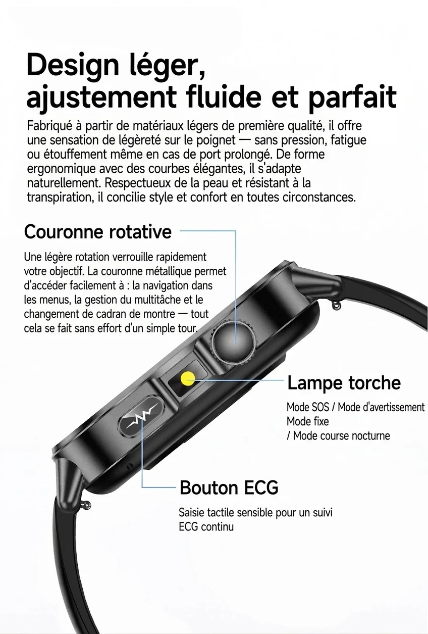 Montre connectée ET571 avec écran carré, ECG et appels Bluetooth