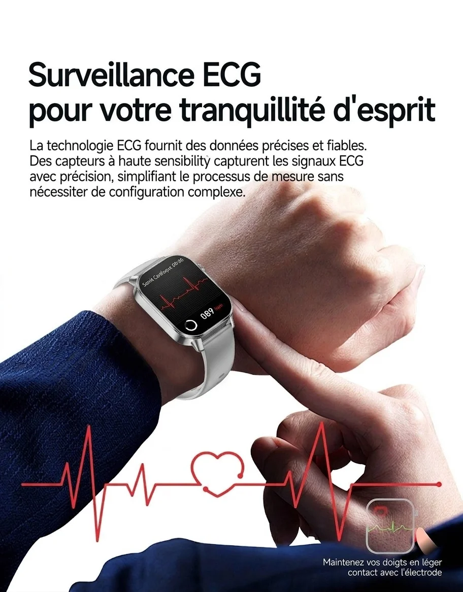 Montre connectée ET571 avec écran carré, ECG et appels Bluetooth
