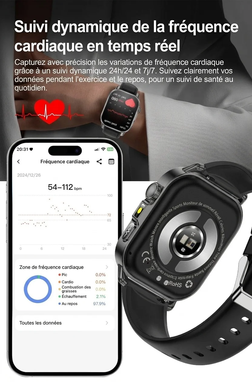 Montre connectée ET571 avec écran carré, ECG et appels Bluetooth