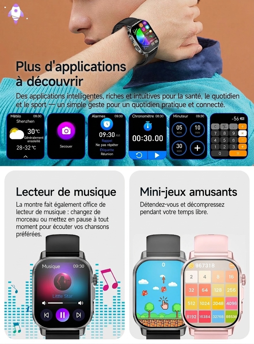 Montre connectée ET571 avec écran carré, ECG et appels Bluetooth