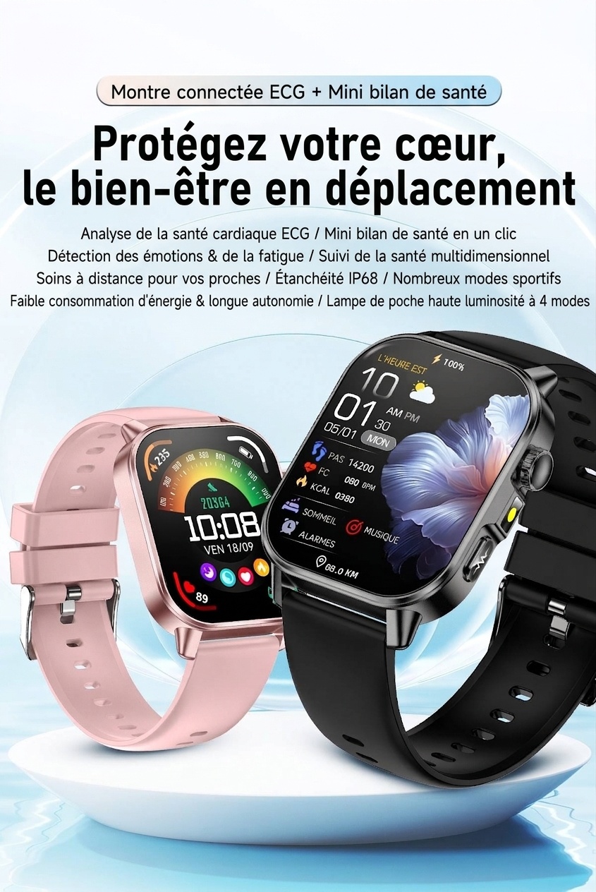 Montre connectée ET571 avec écran carré, ECG et appels Bluetooth